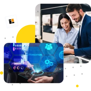 Business professionals using high-tech interface for data analysis and customization in a modern office | 10 Tech