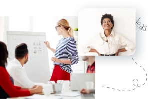 Businesswoman presenting data charts to colleagues and a joyful woman leaning on a wall in a bright office | 10 Tech