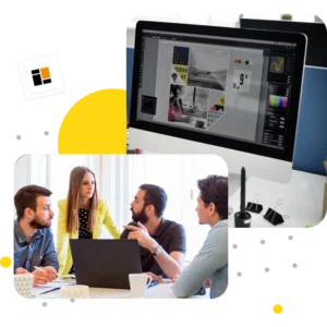 Creative team discussing projects with a graphic design monitor in the background, framed by a yellow and black border | 10 Tech