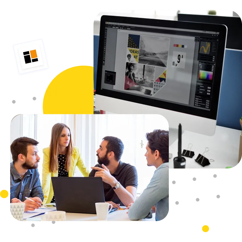 Creative team discussing projects with a graphic design monitor in the background, framed by a yellow and black border | 10 Tech