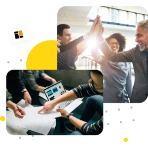 Diverse office team celebrating with a high-five and collaborating around a laptop on a project, depicting teamwork and success in a modern workplace | 10 Tech