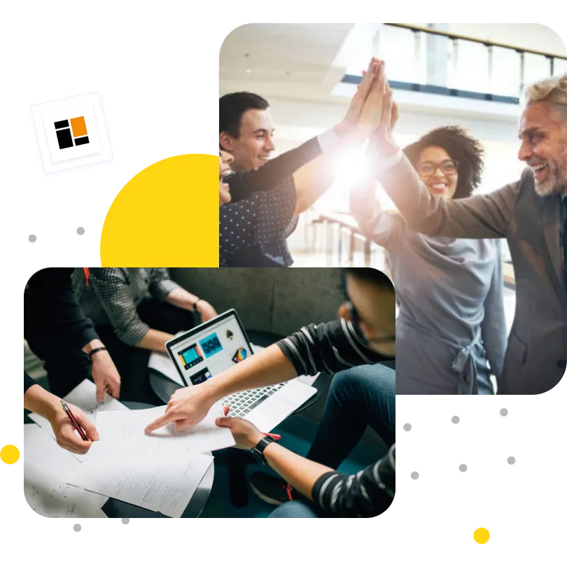 Diverse office team celebrating with a high-five and collaborating around a laptop on a project, depicting teamwork and success in a modern workplace | 10 Tech