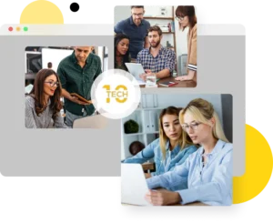 Diverse tech team collaborating in an office, with women discussing over a laptop in the foreground | 10 Tech