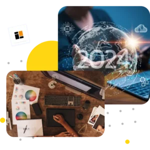 Futuristic technology with a person using a holographic globe for 2024 and a designer's workspace with creative tools | 10 Tech