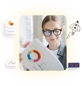 Professional woman reviewing a pie chart, surrounded by analytics and design icons on a yellow background | 10 Tech