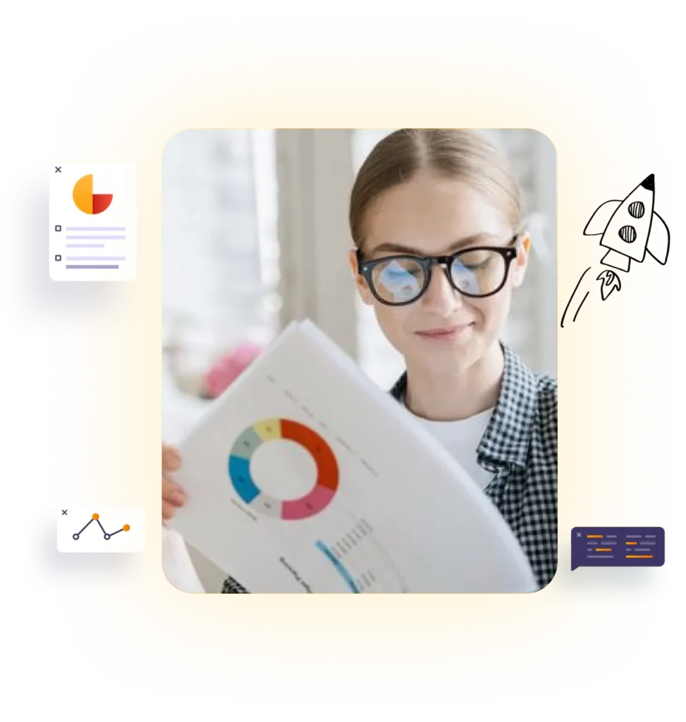 Professional woman reviewing a pie chart, surrounded by analytics and design icons on a yellow background | 10 Tech