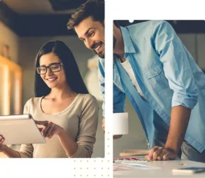 Smiling male and female colleagues collaborating with a tablet in a well-lit office environment, focusing on creative work | 10 Tech