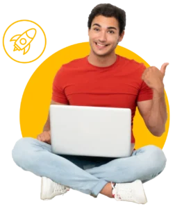Smiling young man in a red shirt sitting cross-legged with a laptop, giving a thumbs-up, against a yellow background with a rocket icon | 10 Tech