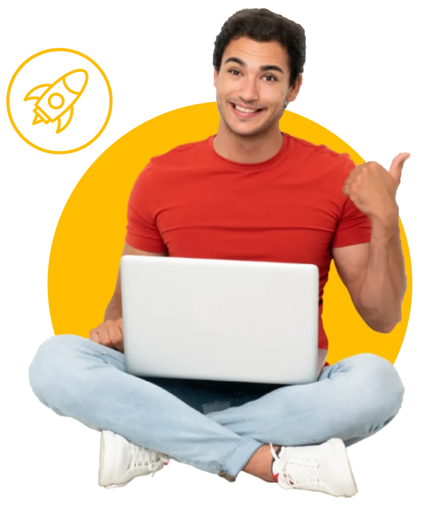 Smiling young man in a red shirt sitting cross-legged with a laptop, giving a thumbs-up, against a yellow background with a rocket icon | 10 Tech