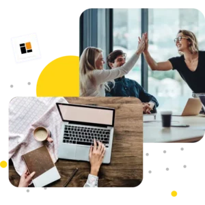 Team members high-fiving in a meeting while another person works on a laptop in a modern office setting | 10 Tech