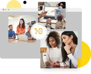 Tech professionals in meetings, viewing laptops and discussing projects in a modern office | 10 Tech