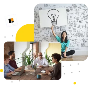 Woman presenting a lightbulb idea with a team discussing in the background in a creative office | 10 Tech