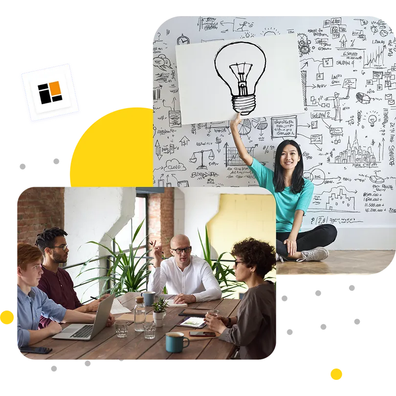 Woman presenting a lightbulb idea with a team discussing in the background in a creative office | 10 Tech